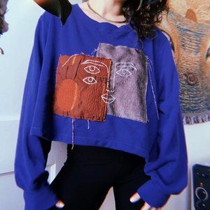 Cropped Oversized Crewneck Embroidered Sweatshirt